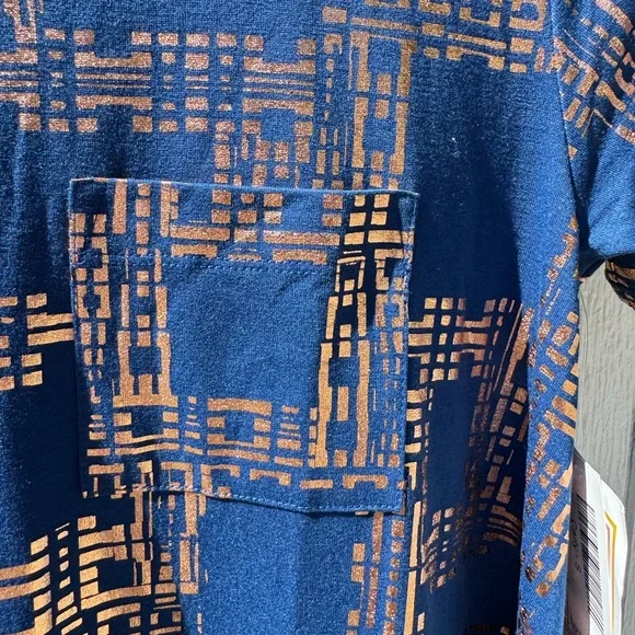 Brand New LuLaRoe Dark Blue and Gold Geometric Pattern Carly Dress - Picture 3 of 7